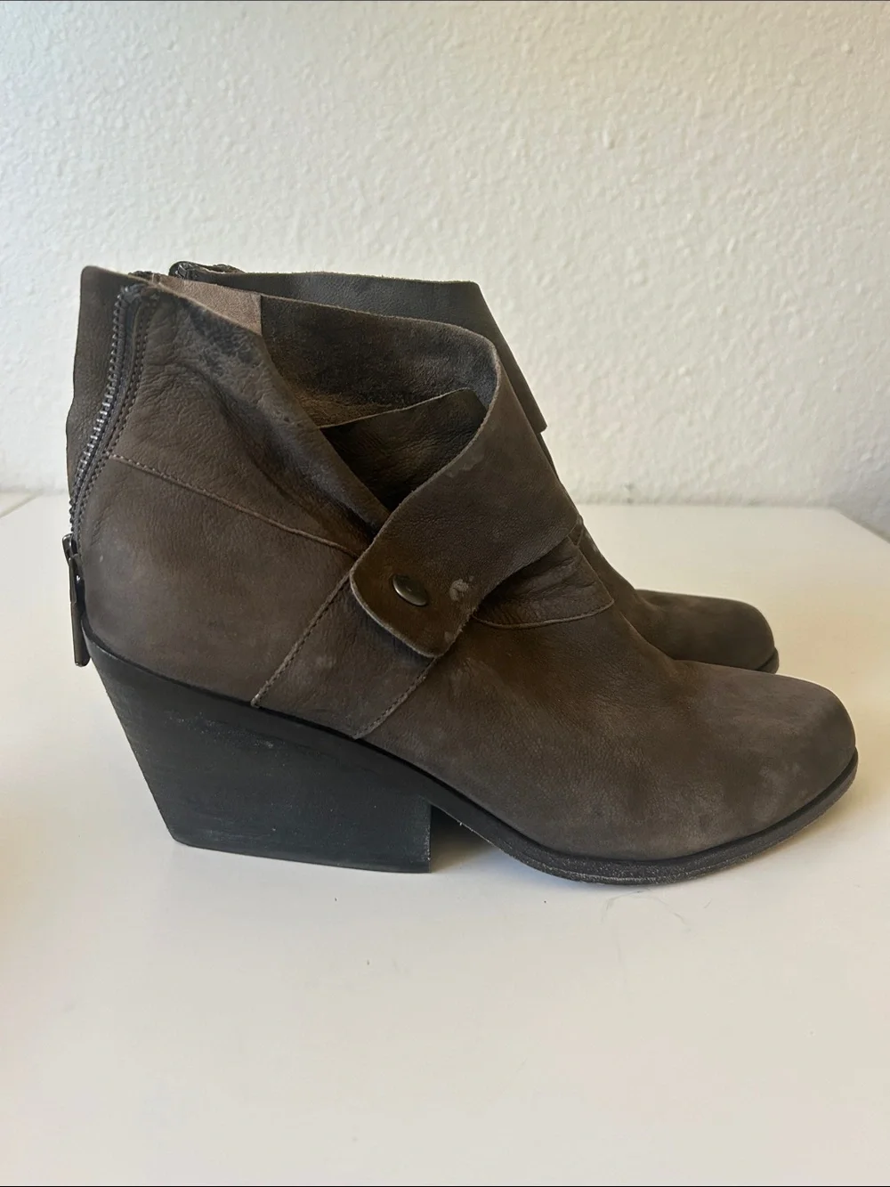 Eileen Fisher Taupe-Brown Leather Ankle Booties with Side Strap